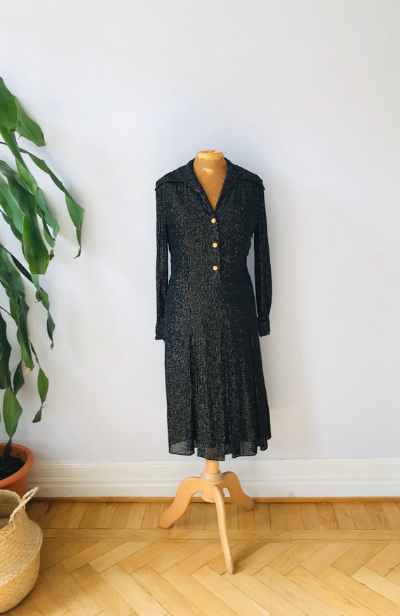 Vintage pinstripe dress, 1960s long sleeve, black… - image 1