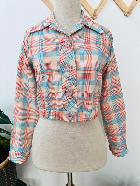 Vintage plaid jacket, cropped, retro 1960s, small… - image 2