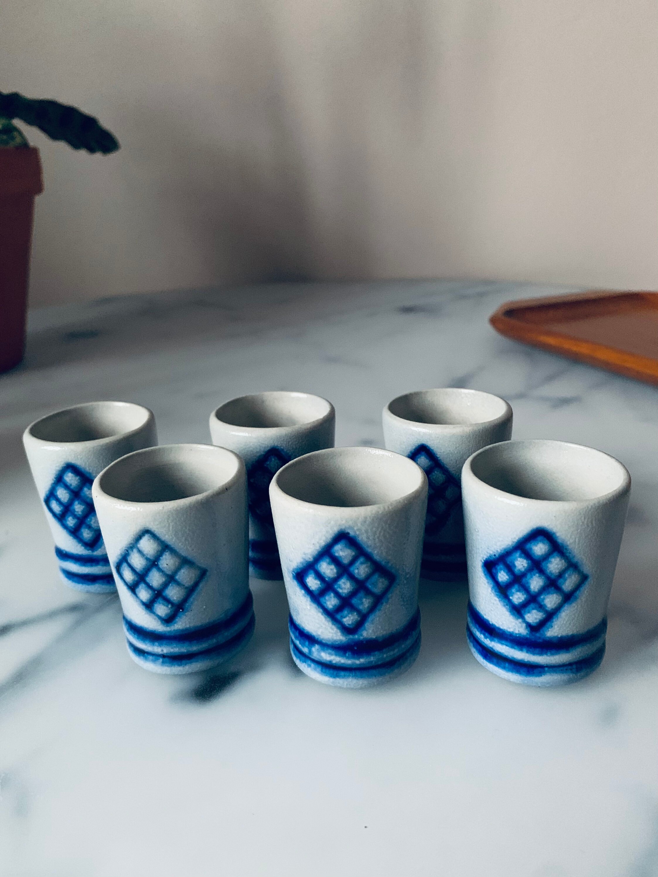 Vintage Decanter Shot Glasses Blue White Ceramic Etsy