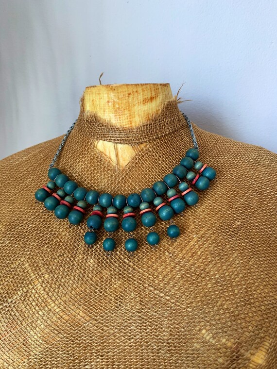 Vintage wood necklace, boho, beaded, turquoise, co