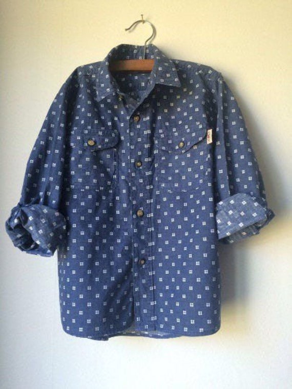 Boys vintage shirt, blue cotton button down, print
