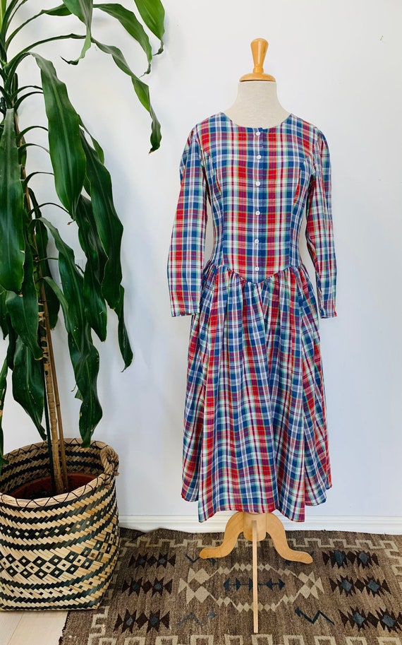 Vintage plaid dress, prairie, boho chic, long slee