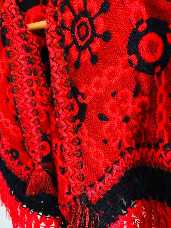 Vintage girls poncho, red and black brocade, frin… - image 5