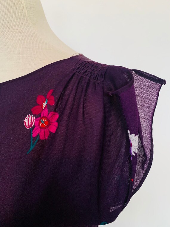 Vintage ladies dress, sheer purple floral print, … - image 6