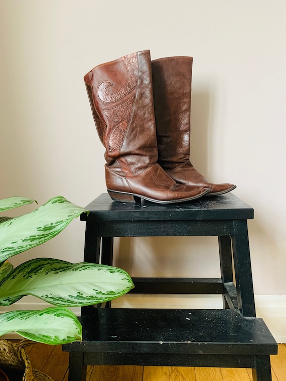 Vintage 1980s boots, brown leather womens