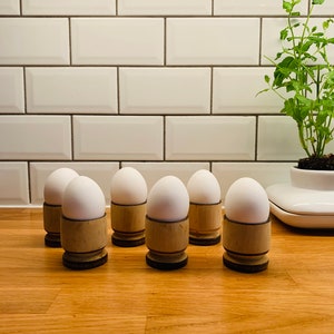 Vintage wood egg cups, set of six, Scandinavian mid century