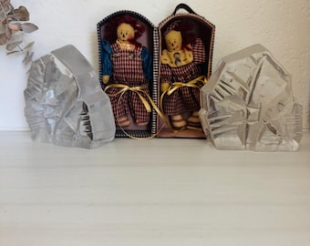 Vintage Raggedy Ann and Andy dolls, small, case