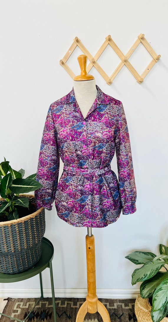 Ladies vintage blouse / top, belted, paisley, pur… - image 1
