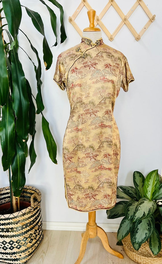 Vintage chinoiserie dress, gold, glamour, Chinese