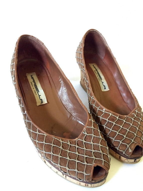 Ladies vintage shoes, brown suede leather, peep t… - image 1
