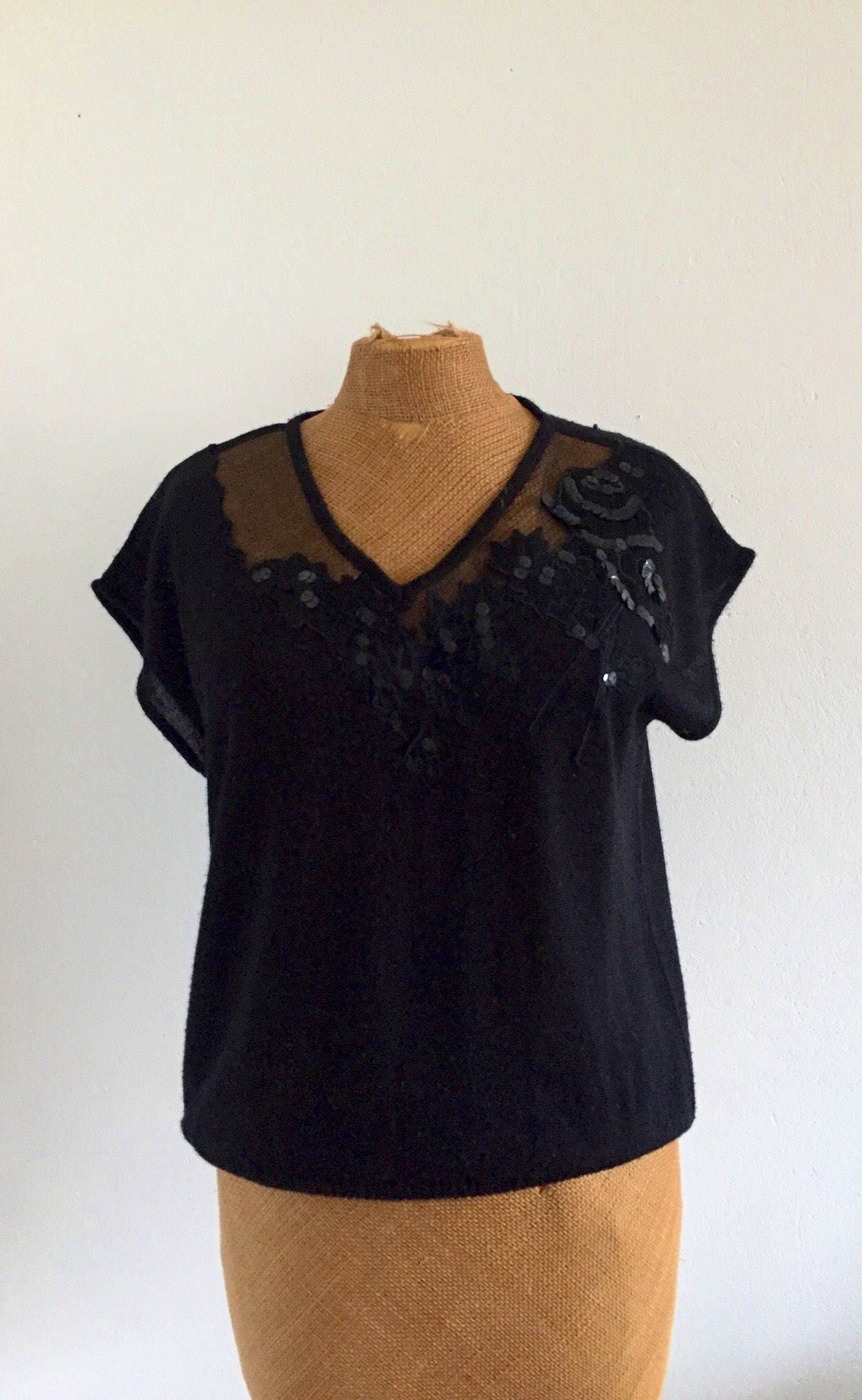 Ladies Vintage Top / Tee Shirt, Sheer, Beaded, Street Style