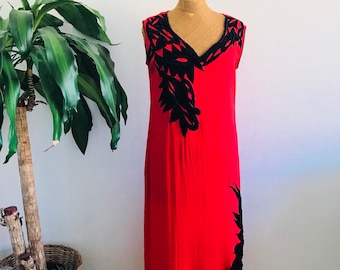 Ladies vintage dress, 1980s, red, sleeveless, black velvet cutouts