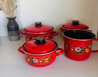 Vintage pot set, red, flowers, enamel, Yugoslavia
