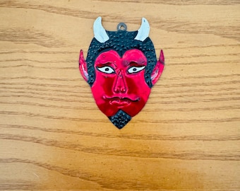 Devil Ornament, Vintage Pressed Tin Figurine, Retro Wall Decor - Red Metal, Hanger Or Bookmark Option