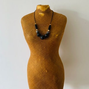 Vintage beaded necklace, wood metal leather, boho, ethnic