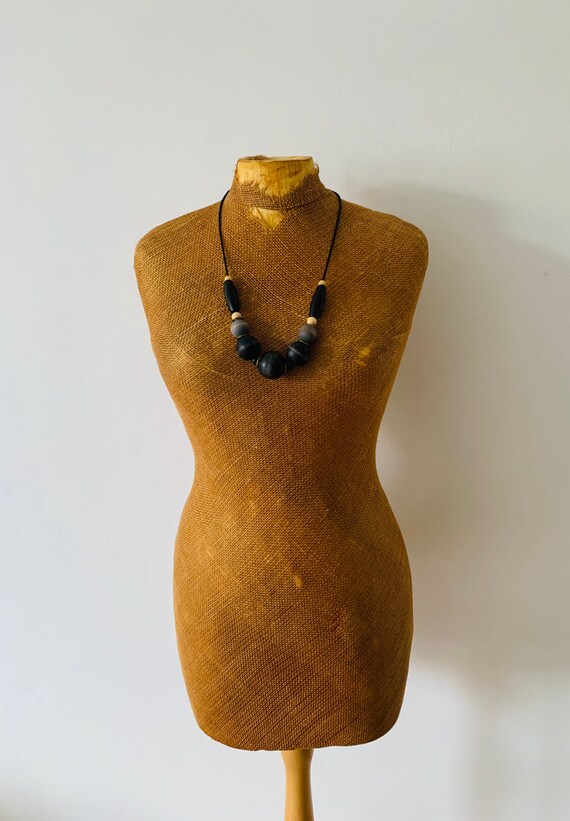 Vintage beaded necklace, wood metal leather, boho,