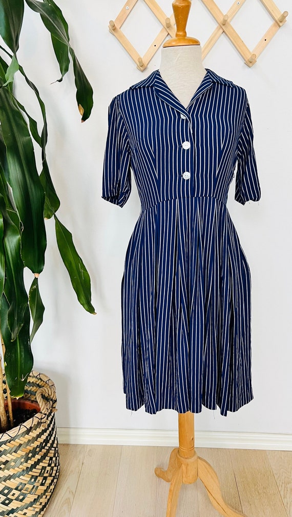 Vintage dress, blue, striped, fit and flare