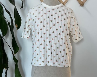 Pink Flower Sweater, Retro Preppy Short Sleeve Top, Vintage 1960s Floral Ribbed Knit | Size S