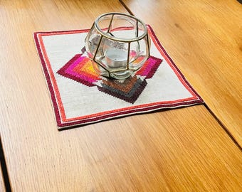 Vintage woven tapestry, mid century, colorful, abstract, Scandinavian, wall hanging, table linen