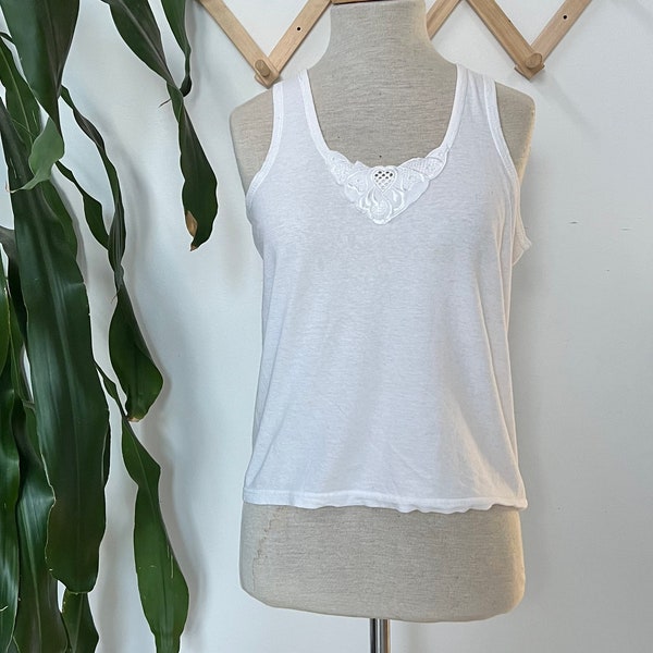 Vintage weißes Tank Top, SpitzenAusschnitt, Baumwolle, Boho