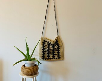 Vintage woven bag, wool, boho purse / tote, ethnic print, black