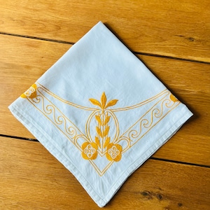 Vintage small tablecloth / table linen, white yellow embroidered cotton