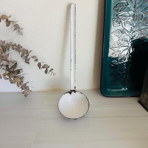 Vintage metal ladle, white, Sweden