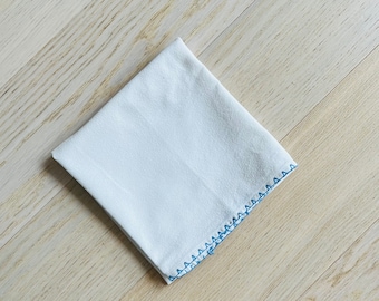 Vintage White Cotton Tea Towel, Blue Stitched Border