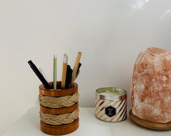 Vintage pen holder, wood, nautical, vase, container