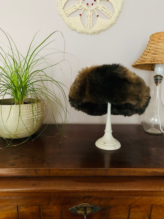 Vintage trapper hat, dark brown faux fur, Finland