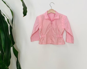 Pink Girls Jacket, Vintage Cotton Coat, Elastic Waist - Zipper Front, EU 120 / US 6-7 Years