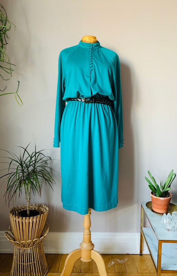 Vintage teal dress, high neck, 1970s, secretary