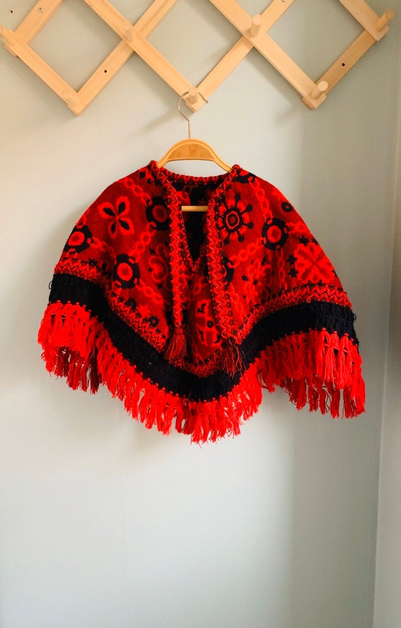 Vintage girls poncho, red and black brocade, fring