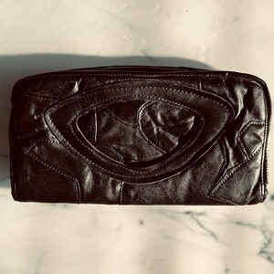 Envelope Clutch, 1980s Retro Patchwork Handbag, Black Leather, Cutout Handle, Zipper Lined, 11"x6"/12"x11