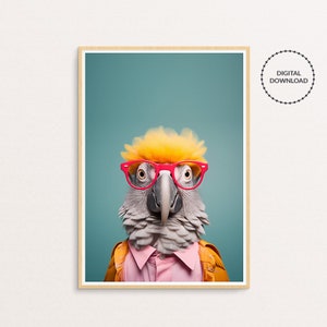 Hipster parrot printable wall art, Hipster animals, Quirky parrot wall art, Living Room Decor, Nursery & kids room decor, Instant download