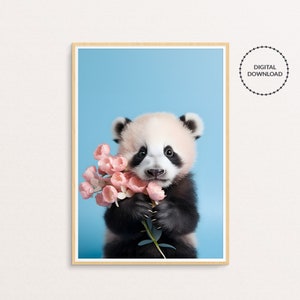 Baby panda with flowers, PRINTABLE Wall art, Animal wall art for nursery & kids room, Baby room decor, Animal Wall art, Animal Print