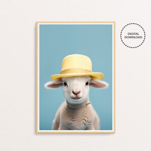 Printable Wall Art, Lamb with yellow hat, Animal wall art for nursery & kids room, Baby room decor, Nursery, Instant Download