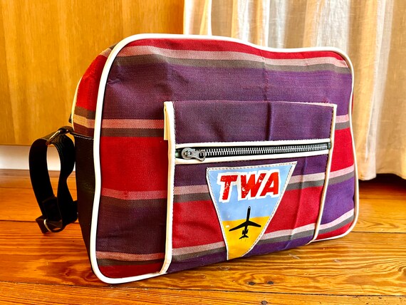 Vintage 60's TWA Airlines Bag Travel Red Violet Plaid Trans World