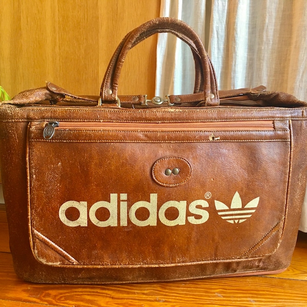 Vintage 70’s Adidas Travel Bag LEATHER Very Rare Made in West Germany Brown Original Aythentic Retro gym sport bag