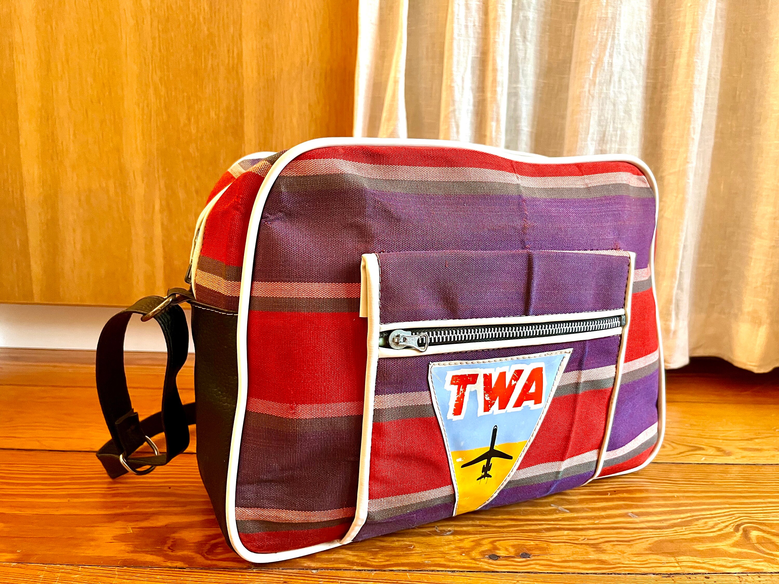 Vintage 60's TWA Airlines Bag Travel Red Violet Plaid Trans World
