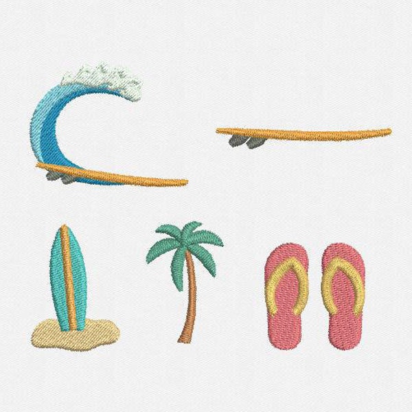 Pack de mini motifs surf de broderie Machine - 5 motifs par 3 tailles : tongs, palmier, planche de surf avec vague, planche de surf dans le sable