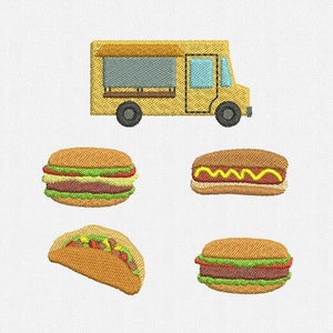 Mini Food Truck Machine Embroidery Designs Pack - 5 Designs by 3 Sizes: Cheeseburger, Food Truck, Hamburger, Hot Dog, Taco