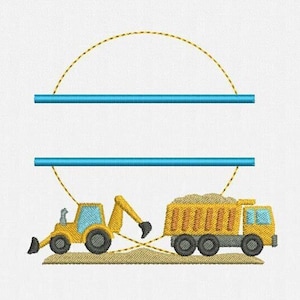 Split Construction Vehicles Frame Monogram Machine Embroidery Design - 2 Sizes: Backhoe Loader, Dump Truck