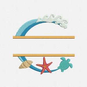 Split Summer Machine Embroidery Design - 1 Size: Turtle, Starfish, Seashell, Ocean Wave