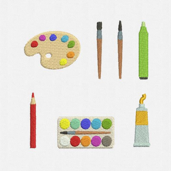 Mini Artist Tools Machine Embroidery Designs Pack  - 7 Designs by 3 Sizes