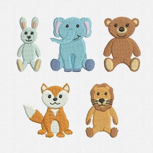 Mini Animals Toys Machine Embroidery Designs Pack - 5 Designs by 3 Sizes: Bear, Bunny, Elephant, Fox, Lion