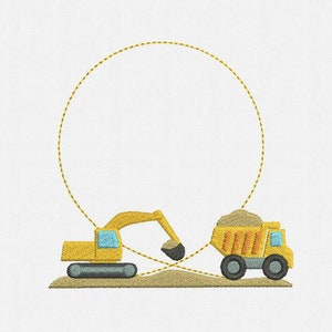 Construction Vehicles, Excavator and Dump Truck Frame Monogram Machine Embroidery Design - 2 Sizes