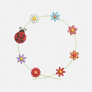 Flower Ladybug Frame Monogram Machine Embroidery Design - 1 Size