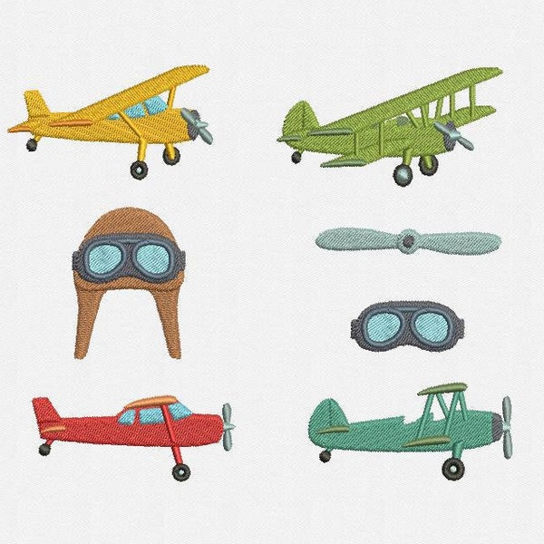 Mini Pilot Machine Embroidery Design - 7 Designs: Plane, Aviator Goggles, Aviator Helmet, Propeller,