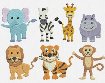 Mini Animals Machine Embroidery Designs Pack - 7 Designs: Elephant, Giraffe, Hippo, Lion, Monkey, Tiger, Zebra